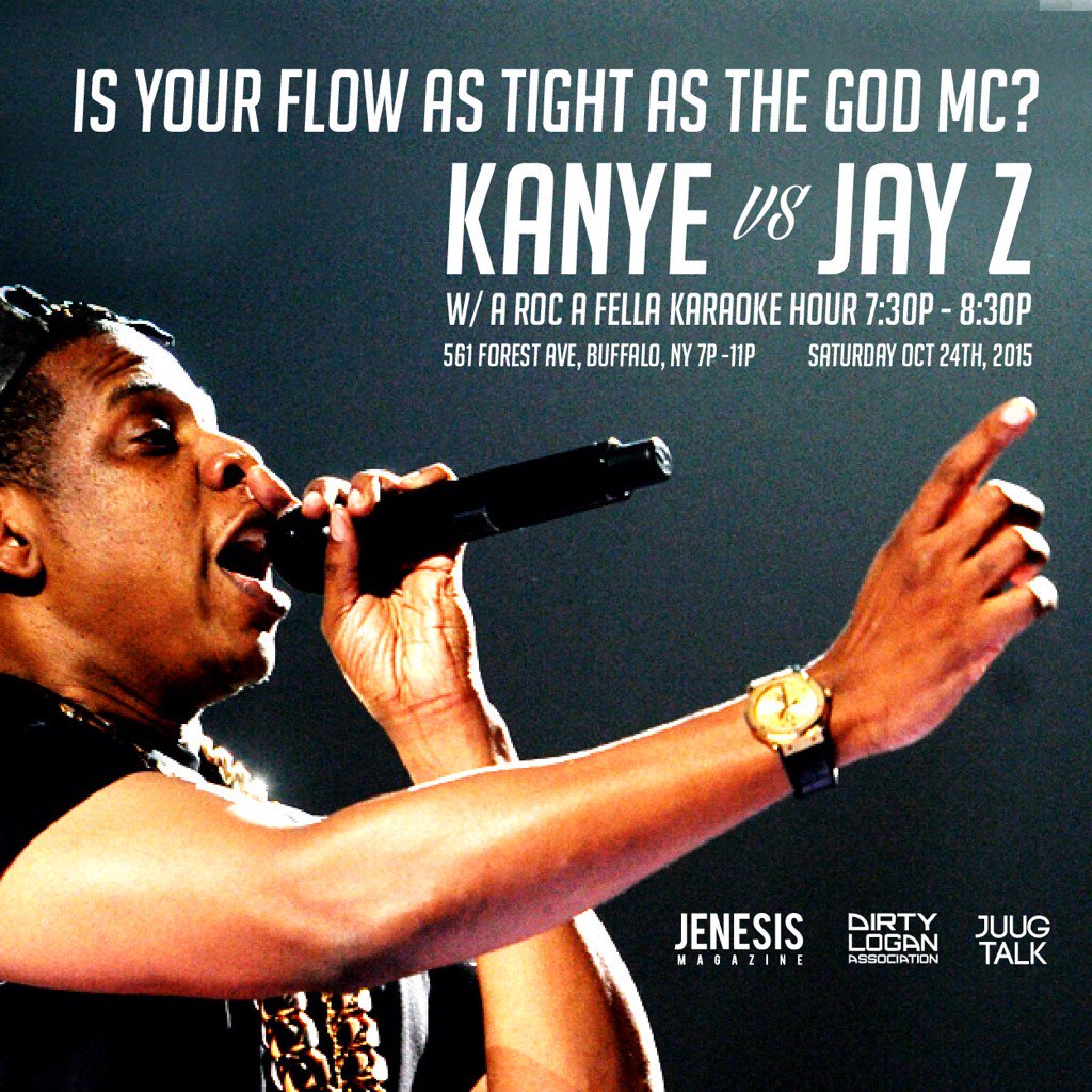 JENESISMagazine's tweet photo. We're in Buffalo tomorrow w/ #DirtyLogan &amp; #JuugTalk for Kanye VS Jay Z, 7P &amp; a Roc A Fella Karaoke Hour, BYOB https://t.co/yhmutFpMRL
