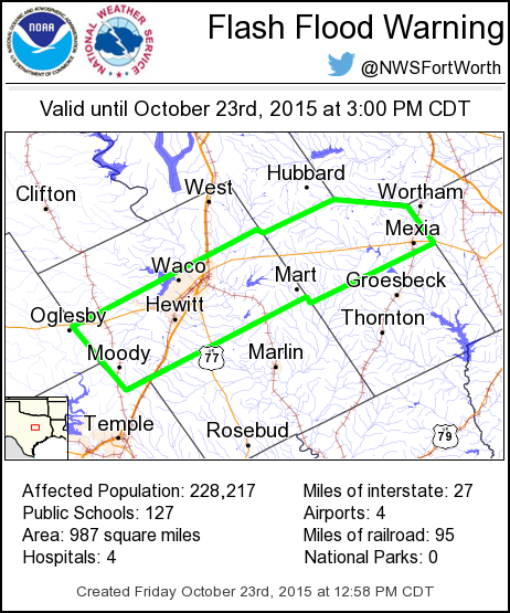 Flash Flood Warning including Waco TX, Hewitt TX, Woodway TX until 3:00 PM CDT