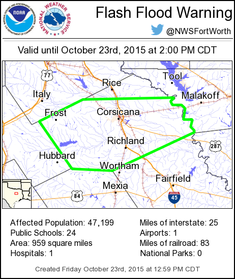 Flash Flood Warning including Corsicana TX, Kerens TX, Blooming Grove TX until 2:00 PM CDT