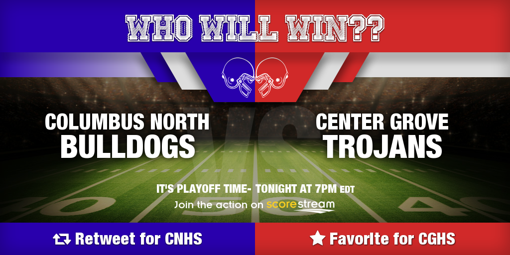 scorestream's tweet photo. Playoffs have begun for @HSFBamerica #15 @CGHSFB tonight against rival @DogPackFB! Who wins? #INhsfb #INpreps https://t.co/7jmqJw1Xly