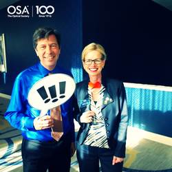 OpticaWorldwide's tweet photo. Liz Rogan, OSA CEO & Tom Hausken, Senior Industry Advisor showing their #OSA100 pride at #FiO15. https://t.co/zShhtjag1X