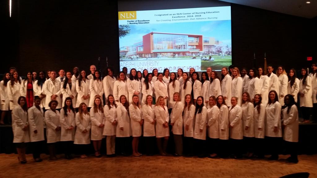 AUDeanCoonan's tweet photo. Adelphi Nursing, Our first nursing white coat ceremony, 80 excited students entering the clinical part of education. https://t.co/1e2ESDEypM