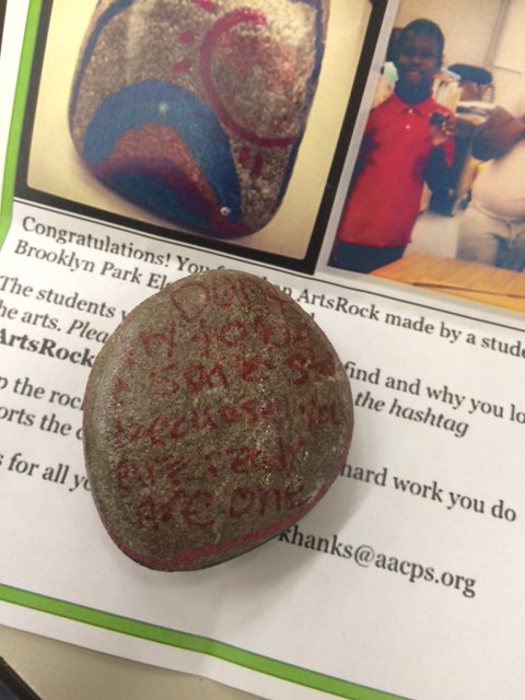 Kerri Ogle, Office of Student Data, found an #AACPSAwesome rock done by a <a href="/BParkElemAACPS/">Brooklyn Park Elem.</a> student! #ArtsRockBPES