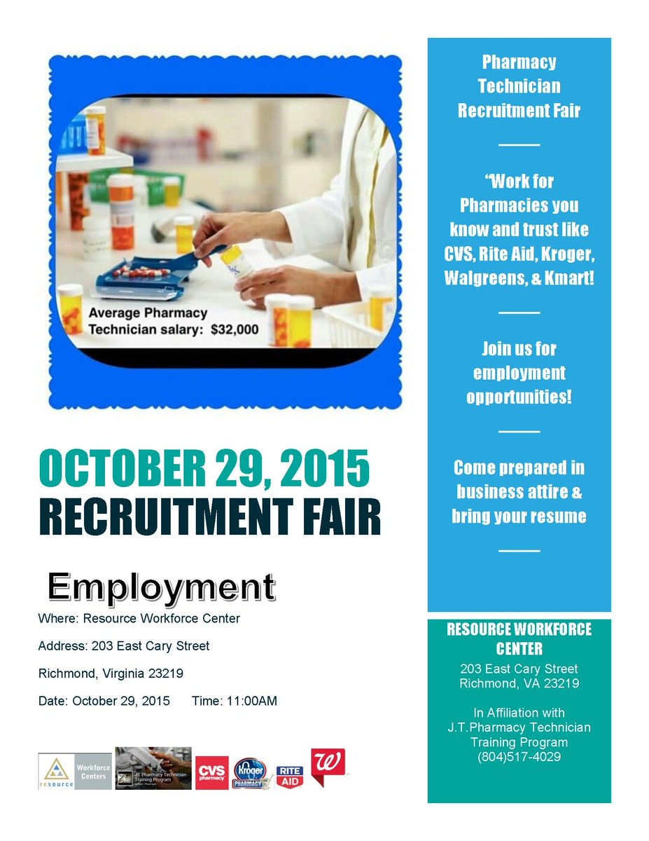 ResourceVA's tweet photo. #jobseekers Interested in being a pharm tech? Join us Oct 29th, 11:00, 203 E. Cary St. to meet the recruiters. https://t.co/YBJvpv4nvx
