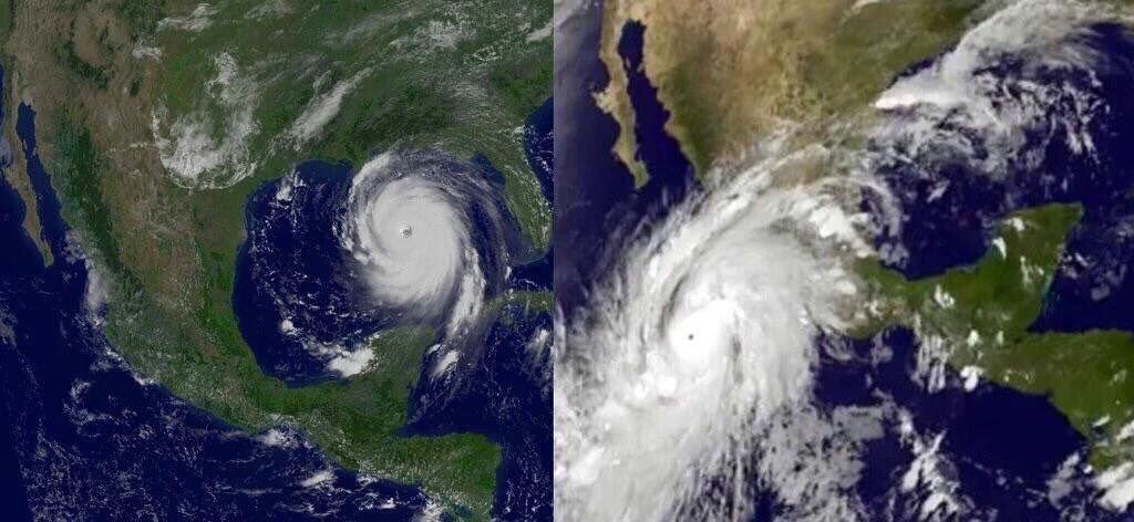 SkyAlertStorm's tweet photo. ALERTA MÁXIMA - Comparativo de #Katrina (izq) con #Patricia (der), el tamaño no tiene precedentes. https://t.co/RVt47RMBql