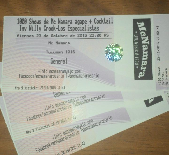 Ridiculaenx's tweet photo. Mi entrada para festejar esta noche  1000 shows de @mcnamararosario y escuchar @losespeska.. #HoySeMcNamaraFuerte 😊 https://t.co/4CknDuMqRt