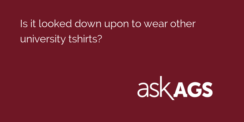 AskAgs's tweet photo. Is it looked down upon to wear other university tshirts?

See what students suggest: https://t.co/UqV1XOUaSb https://t.co/8523FKMEAa