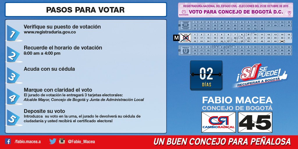 Fabio_Macea's tweet photo. Recordamos los pasos para votar en Bogotá #RecuperarABogota #Sisepuede #concejodebogota #CR45 junto a @Rodrigo_Lara_ https://t.co/YQDUTX4K3w
