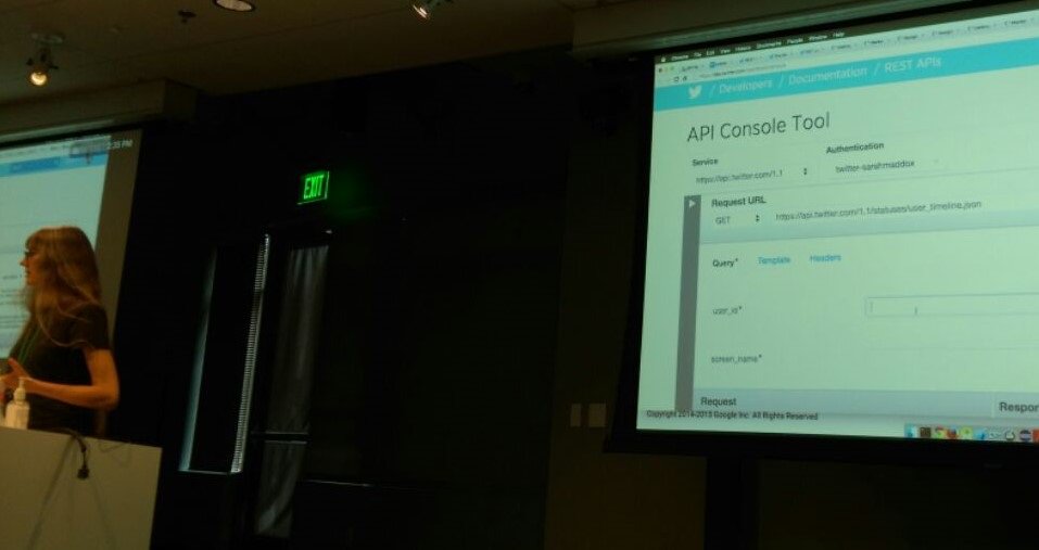 Tweeting <a href="/sarahmaddox/">Sarah Maddox</a>'s API Doc workshop at Google, as she discusses Twitter's API Console Tool. That's so meta!