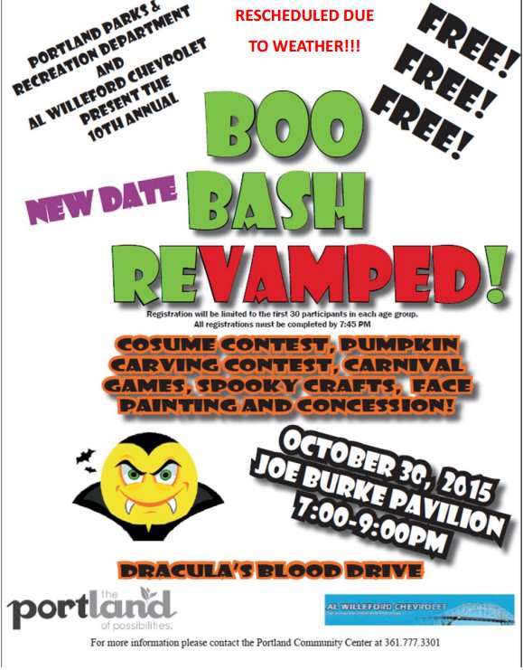 cityportlandtx's tweet photo. Booooooo!!!  Portland's Boo-Bash has been rescheduled because of weather.  Join us next Friday!! https://t.co/o6Q4HGylLT