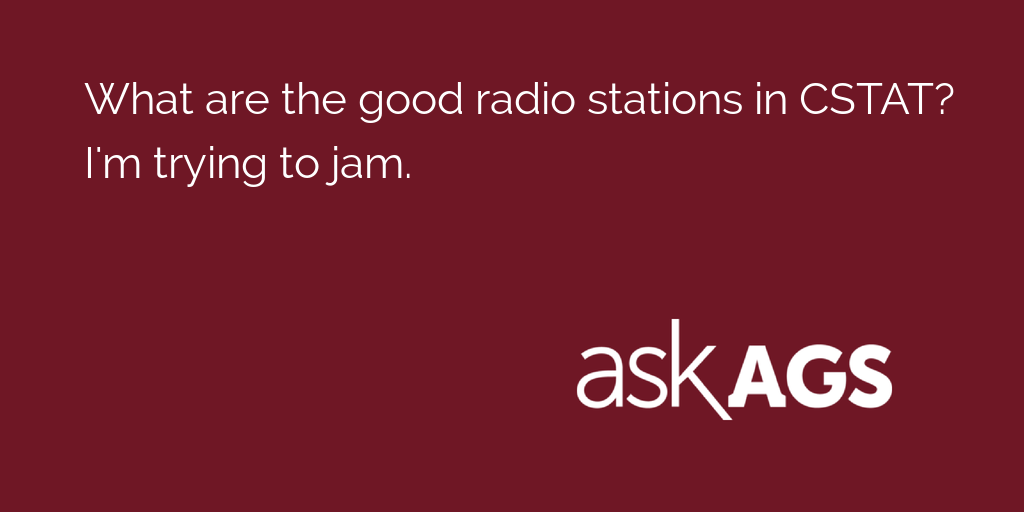 AskAgs's tweet photo. What are the good radio stations in CSTAT? I'm trying to jam.

Learn more: https://t.co/xFgQmHAbHY https://t.co/JVOXH9mKpD