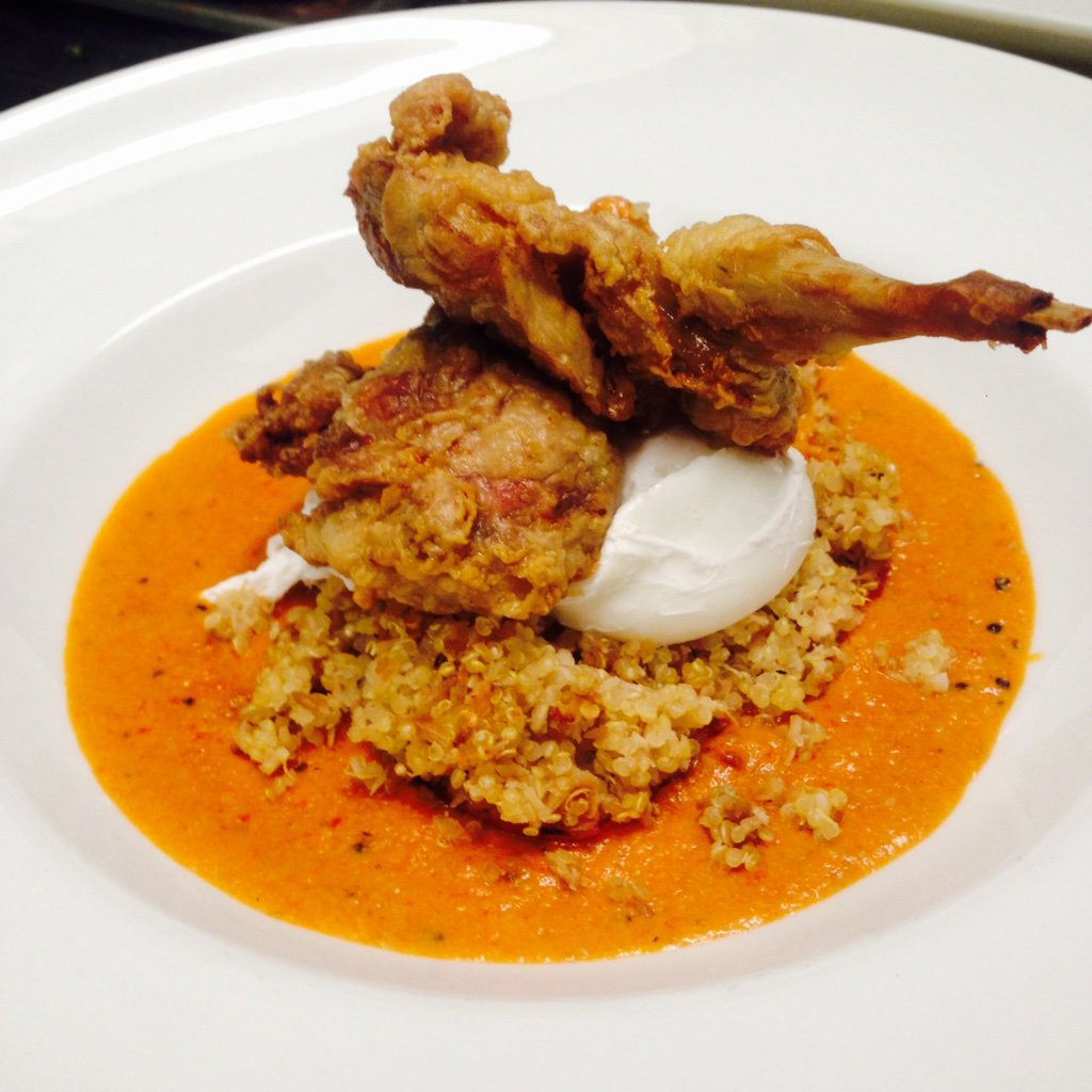 Crispy quail, poached egg &amp; coconut quinoa stuffed roasted red pepper with a coconut cashew red pepper sauce