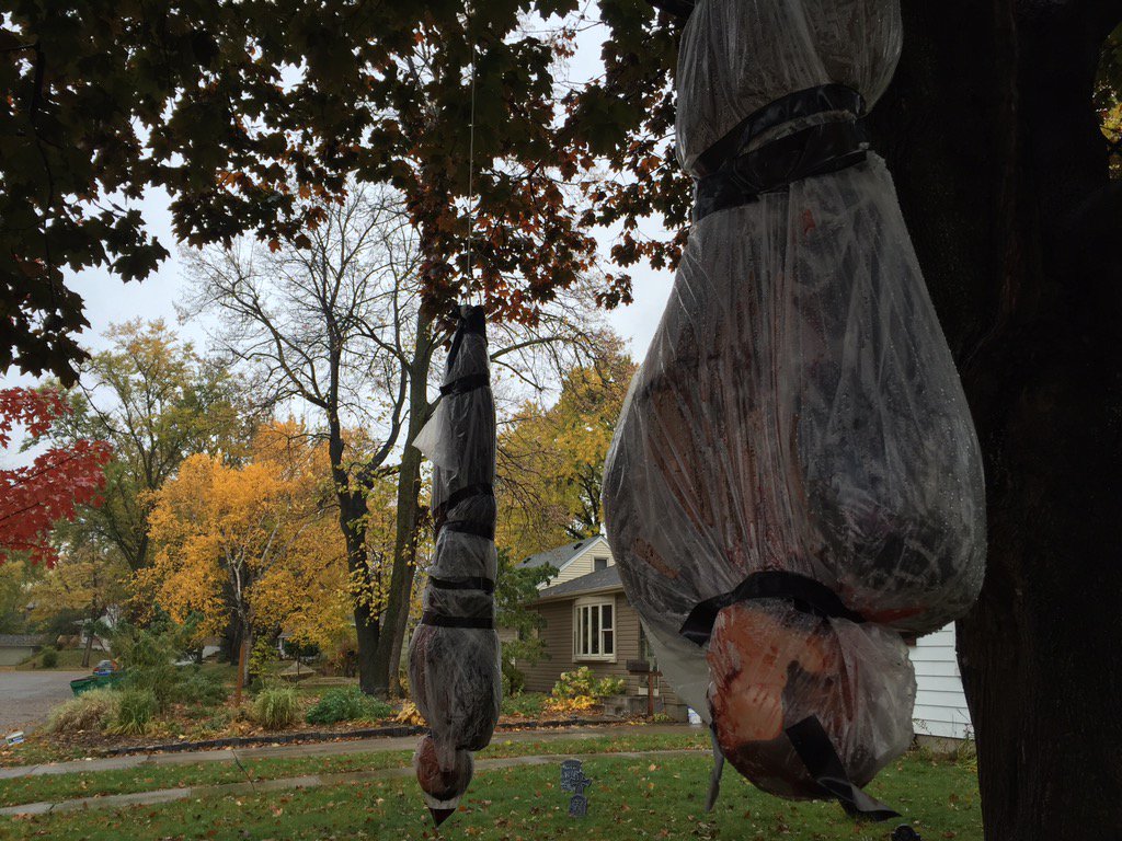 courtneygodfrey's tweet photo. This #Halloween display in St. Louis Park is creating a stir... Some say it's too gruesome. #halloweendecorations https://t.co/bkfGP6vNO2