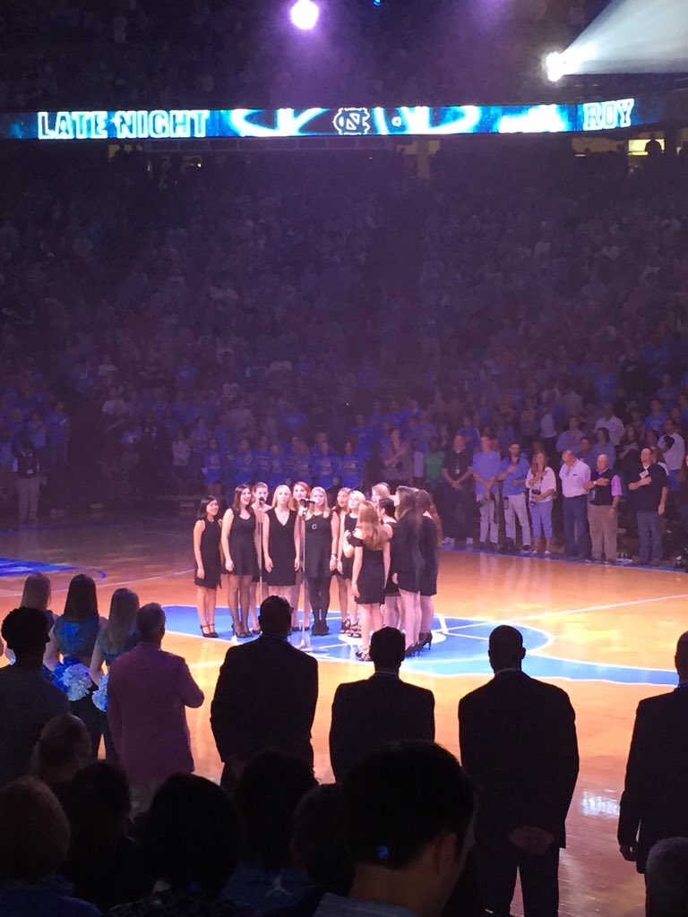 LateNightwRoy's tweet photo. UNC's premier female a capella group @UNCLoreleis opens the show with the national anthem https://t.co/Bn6ObS9Rea