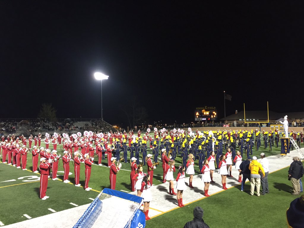Indiana University marching band performs with EGR marching band at half time of Hearts of Gold game.
