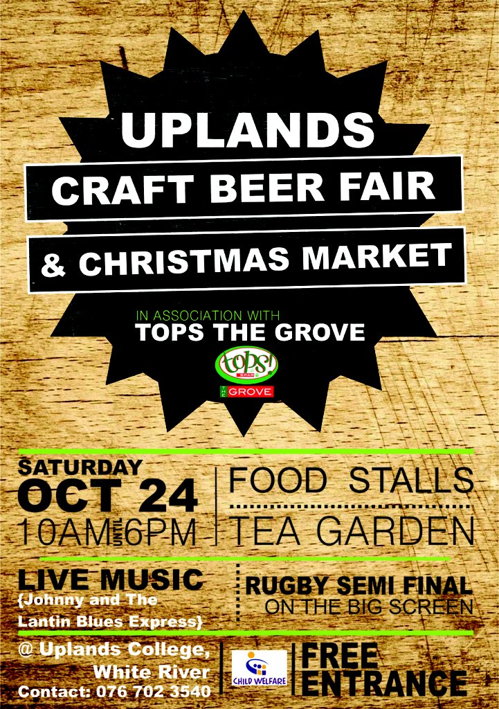 MyBeerCraft's tweet photo. Beer for everyone! In White River at least. Uplands Craft Beer market today with @TOPSatSPAR The Grove 10am-6pm https://t.co/IuqI0C4vJ3