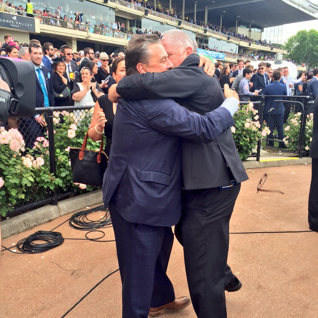 springcarnival's tweet photo. Owners embrace as Turn Me Loose was too strong for the rest in the @Schweppes #CrystalMile @CoxPlate #SpringCarnival https://t.co/JvFkYBPrUA
