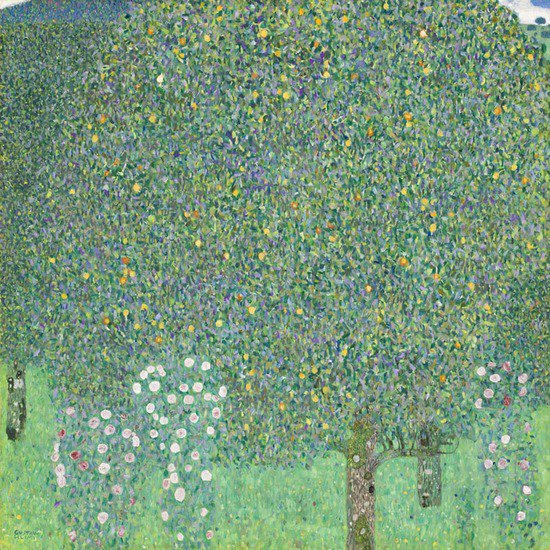 『樹木の下の薔薇の木』　グスタフ・クリムト。 点描技法やモザイク画の影響を感じられる作品。