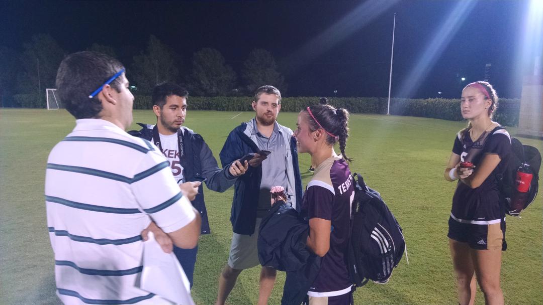 TXStateSoccer's tweet photo. .@Lauren_Prater6 and @chancoon00 with postgame interviews after a 4-1 victory over GSU! #channysback #txst https://t.co/eT99zAEJrG
