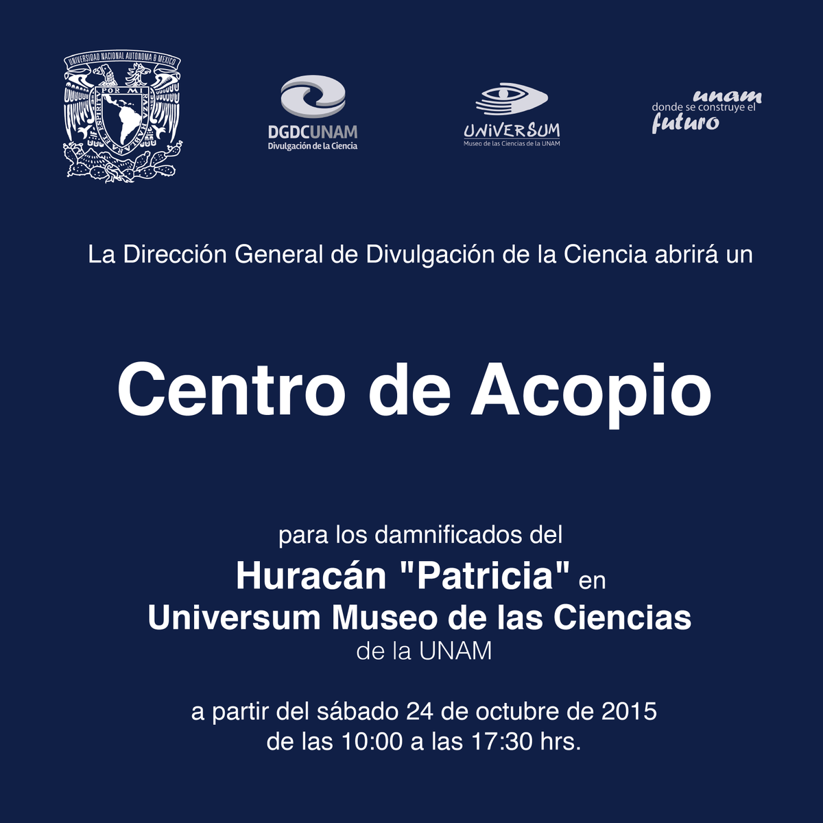 UNAM también abrirá centros de acopio por Huracán Patricia - CSDC5LmVAAApY0g