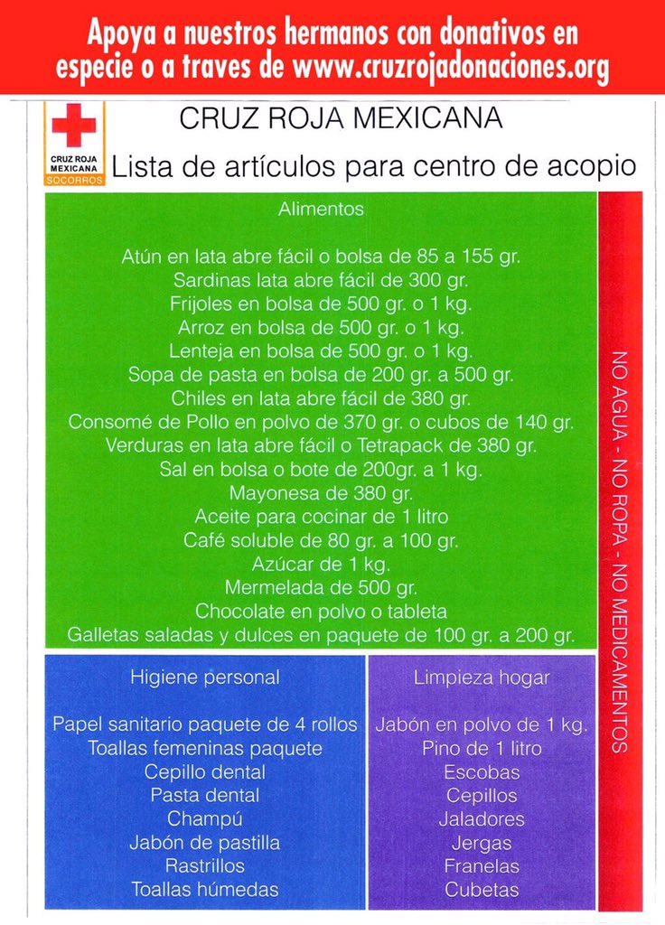Compartwitts's tweet photo. Compartimos la lista de necesidades emitida por @CruzRoja_MX https://t.co/7y9twHt6cR