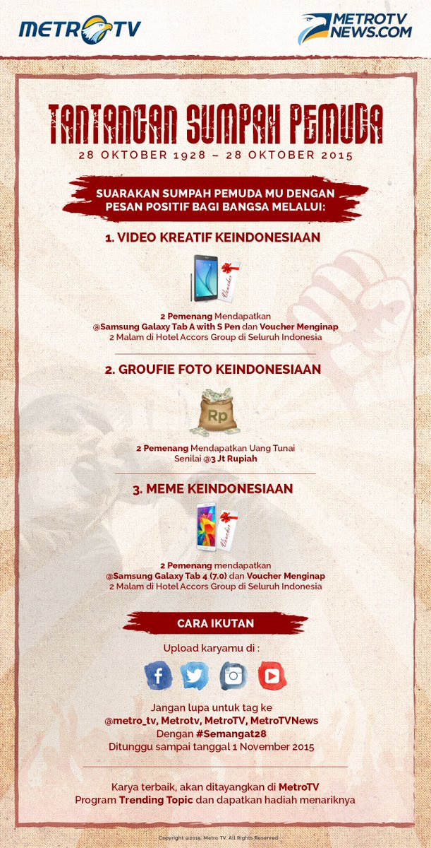 Metro_TV's tweet photo. Sambut Sumpah Pemuda dengan karya kreatif dan menangkan hadiahnya! #Semangat28MetroTV https://t.co/AcbYqtWJPX
