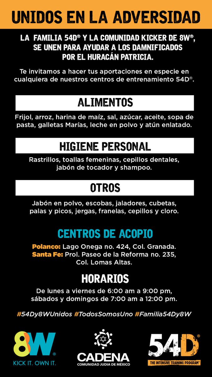 the54D's tweet photo. 54D y 8W se unen para apoyar a nuestros hermanos afectados por el huracán Patricia. Dona y comparte. #54Dy8WUnidos https://t.co/fRPgNZAQSA