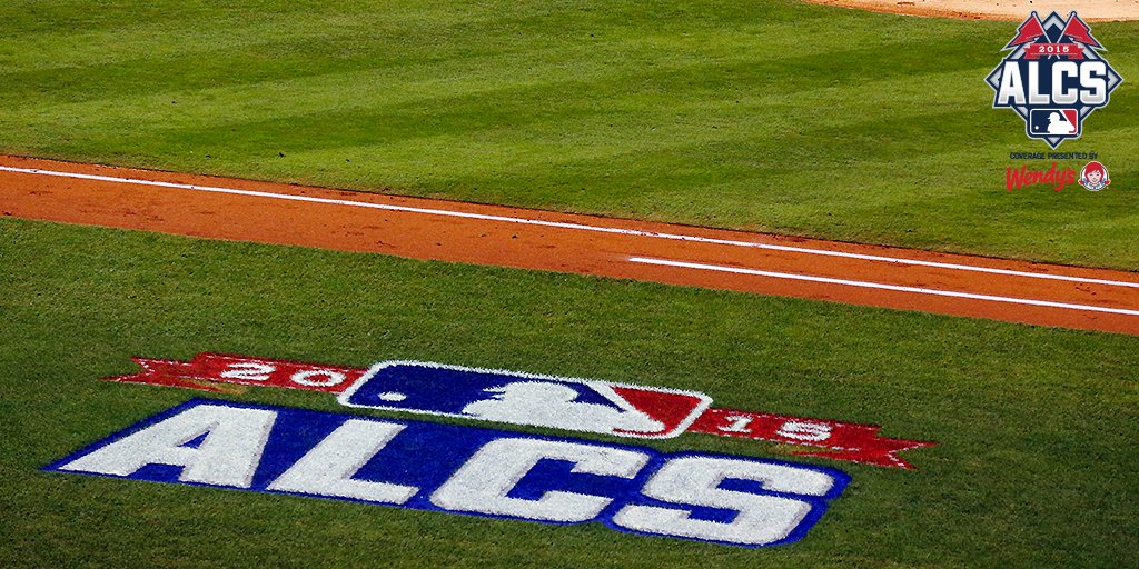 MLB's tweet image. #ALCS Game 6 enters a rain delay with the score tied in the 8th. atmlb.com/1NYUSqU