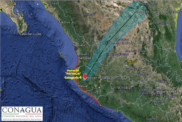 CNNEE's tweet photo. Este es el mapa de #TrayectoriaPronóstico del huracán #Patricia ahora https://t.co/dKpaARZlYF (@conagua_clima) https://t.co/ISjqgzEAwK