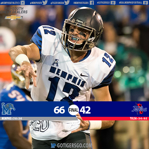 TigersMedia's tweet photo. .@MemphisFB moves to 7-0 with a single-game school record 704 yards! #GoTigersGo #RealMemphisFootball https://t.co/DPJGkNxNuW