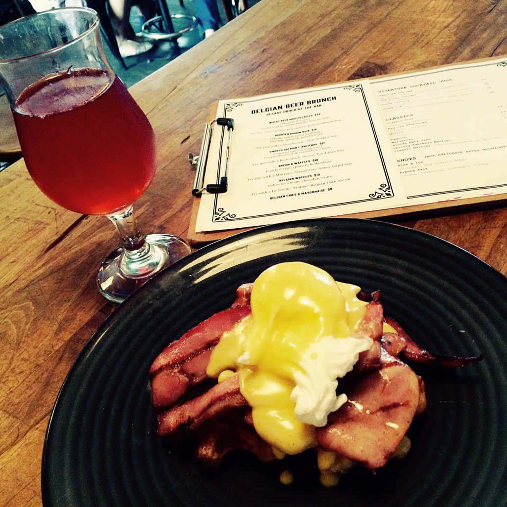 sockdaddy's tweet photo. @SydneyCraftBeer Belgian Beer Brunch waffles (topped w/ bacon and eggs Benedict) paired w/ cherry lambic! #scbw15 https://t.co/FBVvtGzcNb