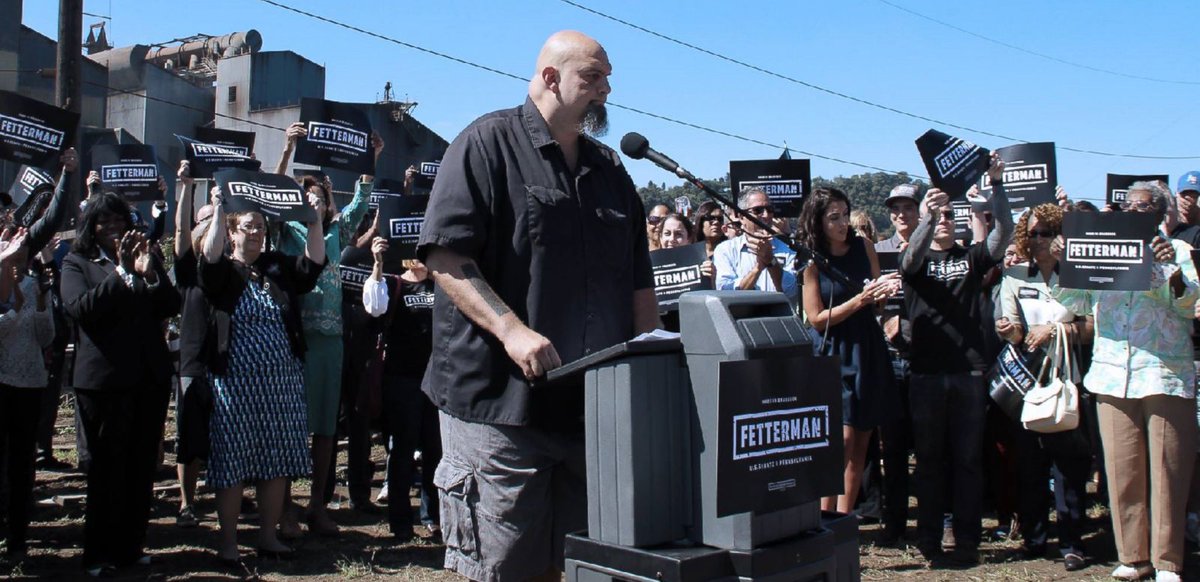 ABC's tweet photo. Meet John Fetterman, the tattooed, 6-foot-8, head-shaven PA mayor running for Senate: https://t.co/6fk0JLcs70 https://t.co/eySMD6KccE