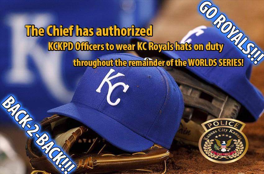 KCKPDHQ's tweet photo. Keep an eye out for Officers wearing Royals hats throughout the WORLD SERIES! #TakeTheCrown #Back2Back  #BoysinBlue https://t.co/LoLtrslLoq