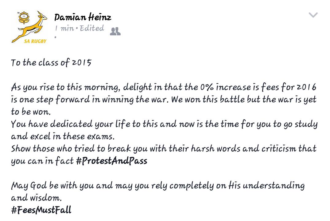 DamianHeinz's tweet photo. My message to the class of 2015. Well done. SA belongs to you. #FeesMustFall #ProtestAndPass https://t.co/XBgdcKWBa7