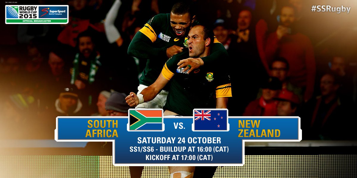 SuperSportTV's tweet photo. The day has finally arrived!
@Springboks v @AllBlacks
The greatest rivalry in rugby reignites.
#SSRugby #RWC2015 https://t.co/XYybHX1W8W