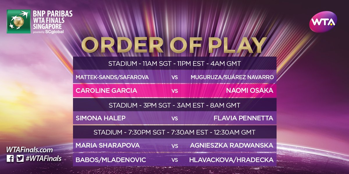 WTA's tweet photo. #WTAFinals Day 1, Sunday OOP

Halep vs Pennetta
Sharapova vs Radwanska--> https://t.co/0Ys99m58zD https://t.co/t3zjSvndvi
