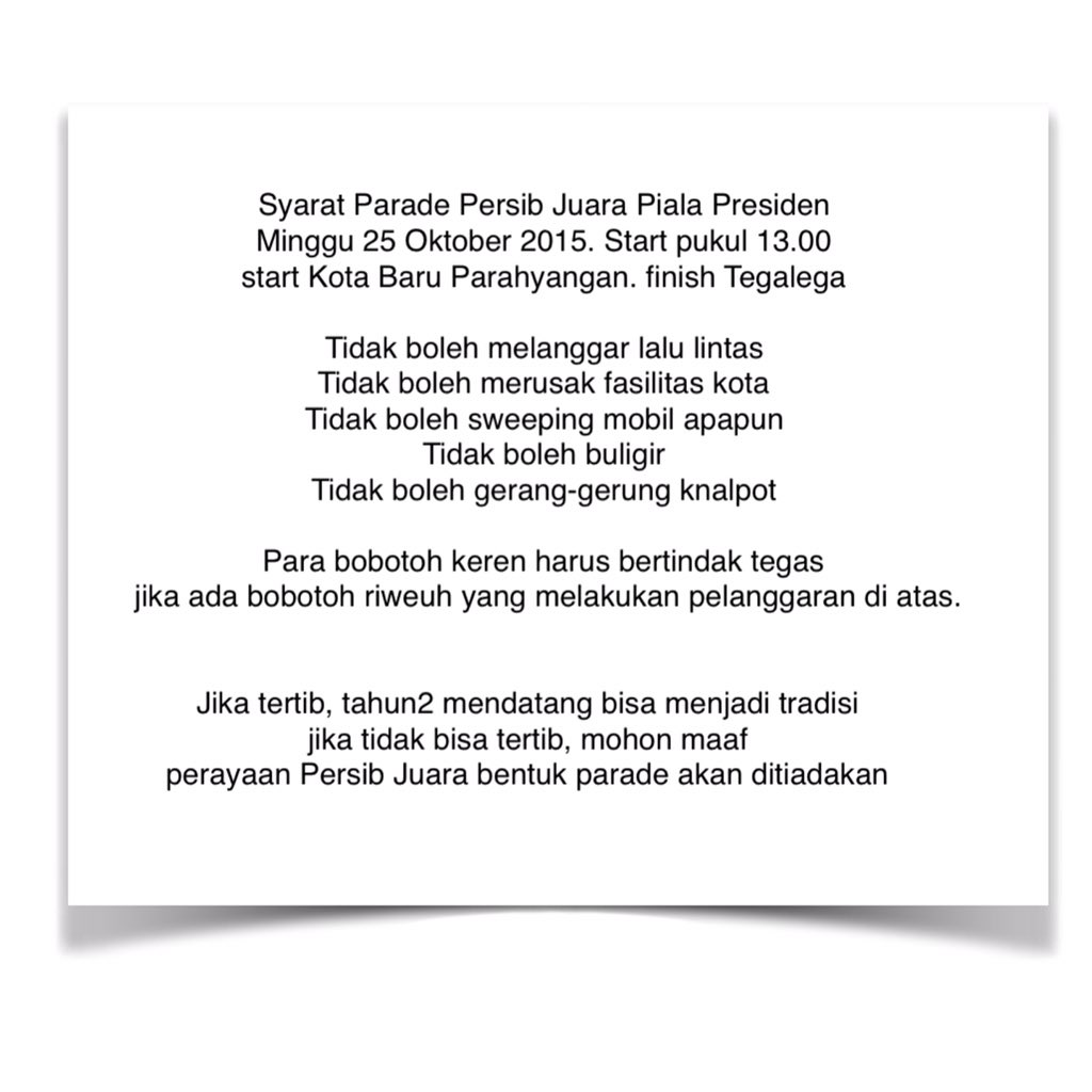 ridwankamil's tweet photo. Perhatian utk bobotoh terkait parade Persib Juara. Mohon dibaca, disebarkan &amp; dilaksanakan. hatur nuhun. @simamaung https://t.co/KD66gJmubF