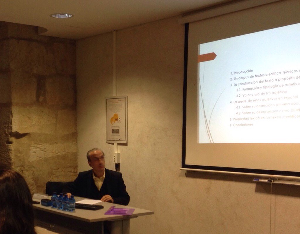 CINEO2015's tweet photo. Enrique Jiménez Ríos nos habla de la neología adjetival en el s. XVI #CINEO2015 https://t.co/0YwnCRX00c