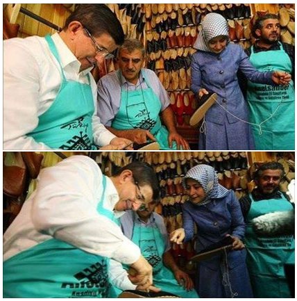 في مشهد فريد رئيس الوزراء التركي وزوجته يساعدا الحرفيين في صناعة الأحذية التقليدية 
