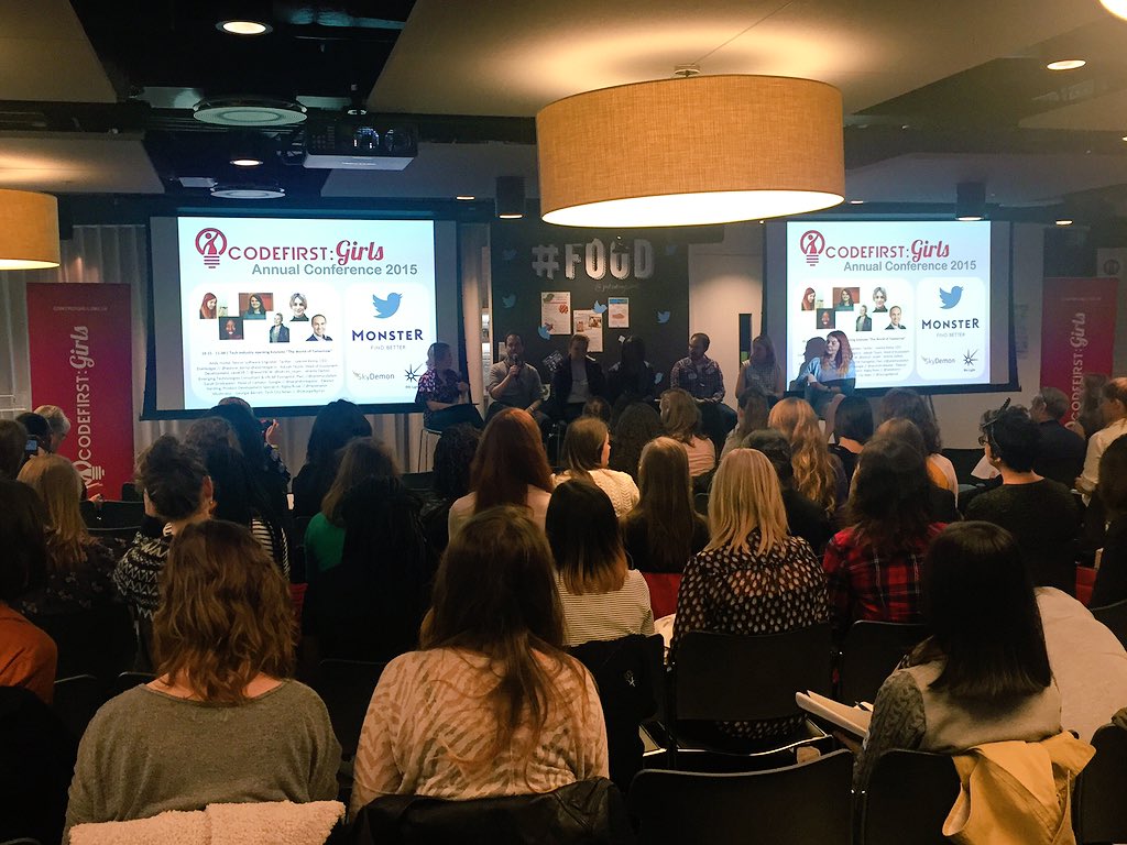 RebeccaW's tweet photo. Our very own @andyhume kicking off the panel at @CodeFirstGirls @TwitterUK #CFGConf #UberForPlumbers https://t.co/iMd35ioFk3