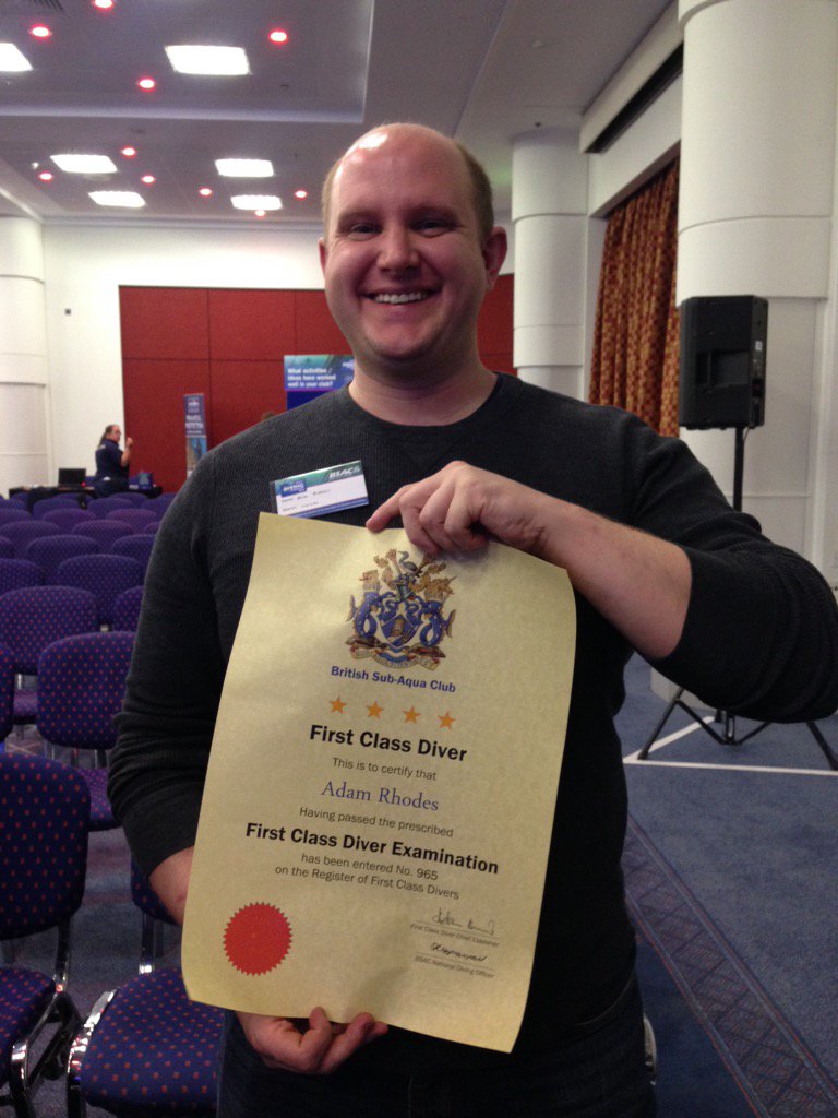 MUSACdiving's tweet photo. Congratulations to Adam on his First Class Diver #BSAC15conf @MancSU_Sport https://t.co/2lI8ArH6aU