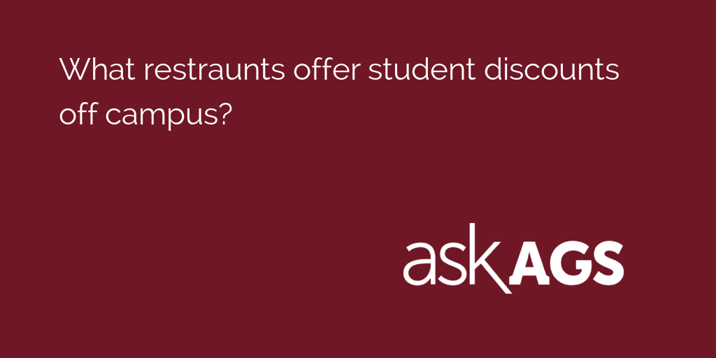AskAgs's tweet photo. What restraunts offer student discounts off campus?

See what students suggest: https://t.co/ppsTGJ8rRc https://t.co/HJMmeFGwhn