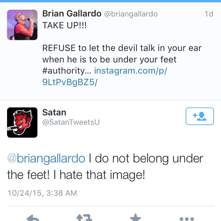 bishopgallardo's tweet photo. SERIOUSLY!?? Satan is still UNDER my feet and UNDER my feed!!! #satanisaPUNK @SatanTweetsU https://t.co/4mVIKitkuC