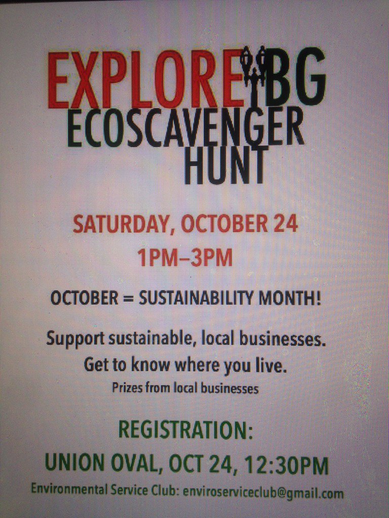 GreenBGSU's tweet photo. Join in on the Eco Scavenger Hunt today w/ @EnviroServiceBG Lots of cool prizes! #BGSU #2015CSM #FightYourFootprint https://t.co/BSib9YeBOP