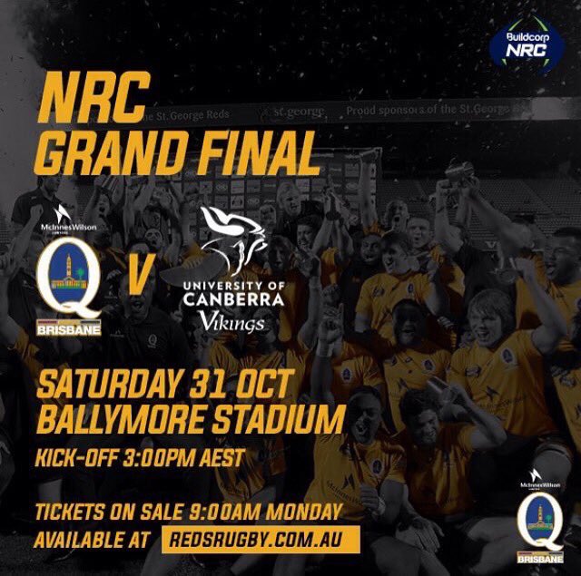 Tickets for Saturday's Grand Final between <a href="/BrisCity_NRC/">Brisbane City</a> &amp; <a href="/uc_vikings/">Union Catholic Baseball</a> available via redsrugby.com.au on Mon