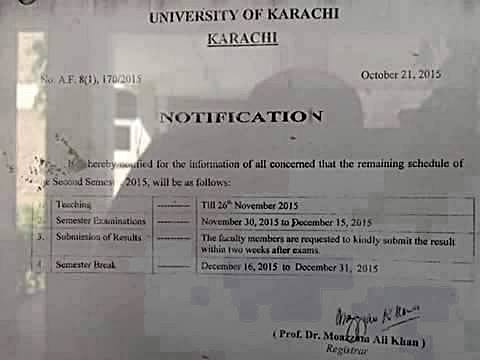 APMSO_UOK's tweet photo. جامعہ کراچی:- سمسٹر دوئم کے امتحانات 30 نومبر سے شروع ھونگے کلاسز کا اختتام 26 نومبر کو ھوگا۔
#InfoCell #TeamApmsoKU https://t.co/NoeA1aWC6A