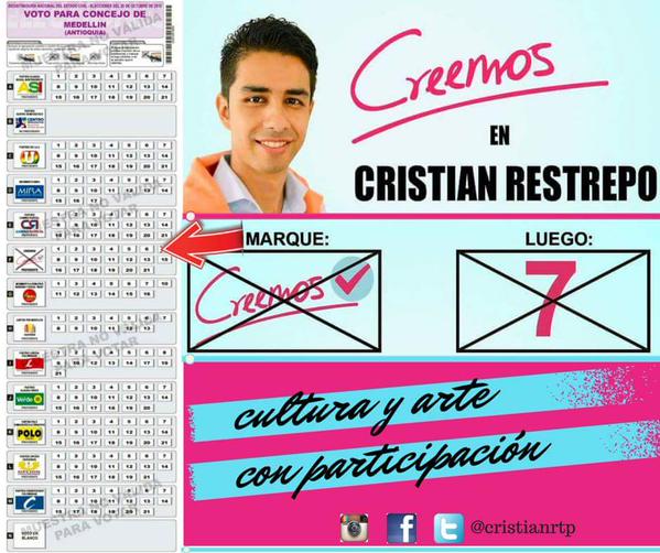 slondonouribe's tweet photo. Mi voto al Concejo Med: @cristianrtp. Hace 8 años construyendo ciudad con él. Inteligencia, compromiso, liderazgo https://t.co/i4KGEmp1fR