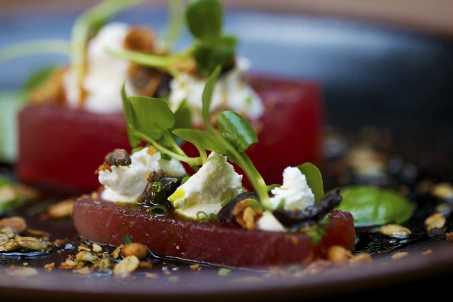 pavlovaandcream's tweet photo. Oldey &amp; Goody @34WindsorSt @chefarran @Zeffy34 @Tabletopjournal @MichelinGuideUK @CanonUKandIE #compressedwatermelon https://t.co/eX7OqzY1rb