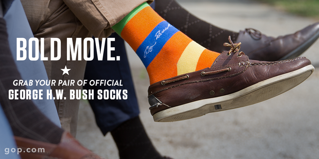 Republicans's tweet photo. This fall, it's time to go BOLD. https://t.co/ukV2PFeaLI Donate now &amp; get your official GOP George H.W. Bush socks. https://t.co/nFVYB3ddvN