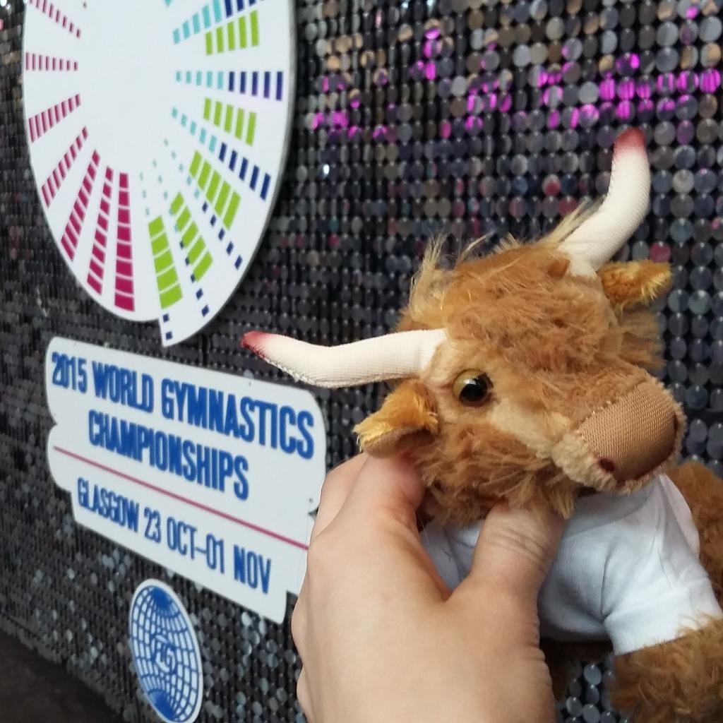 HattiClare's tweet photo. Angus the mascot enjoying the gymnastics! #Glasgow2015 https://t.co/uJHqIVUrKK